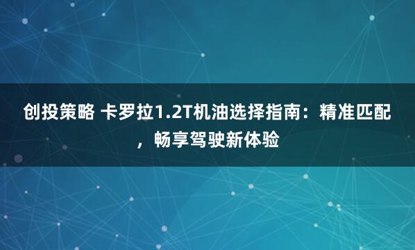 创投策略 卡罗拉1.2T机油选择指南：精准匹配，畅享驾驶新体验